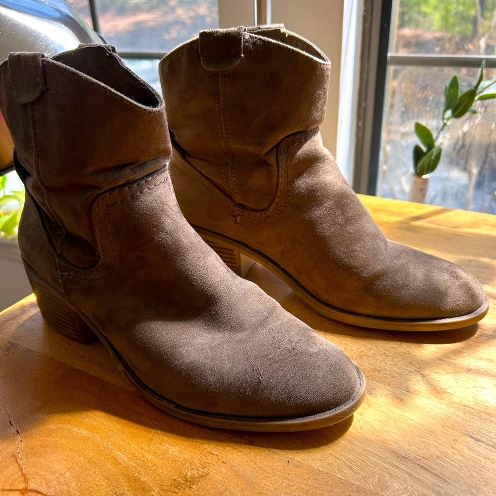 Merona boots olive green look like suede.